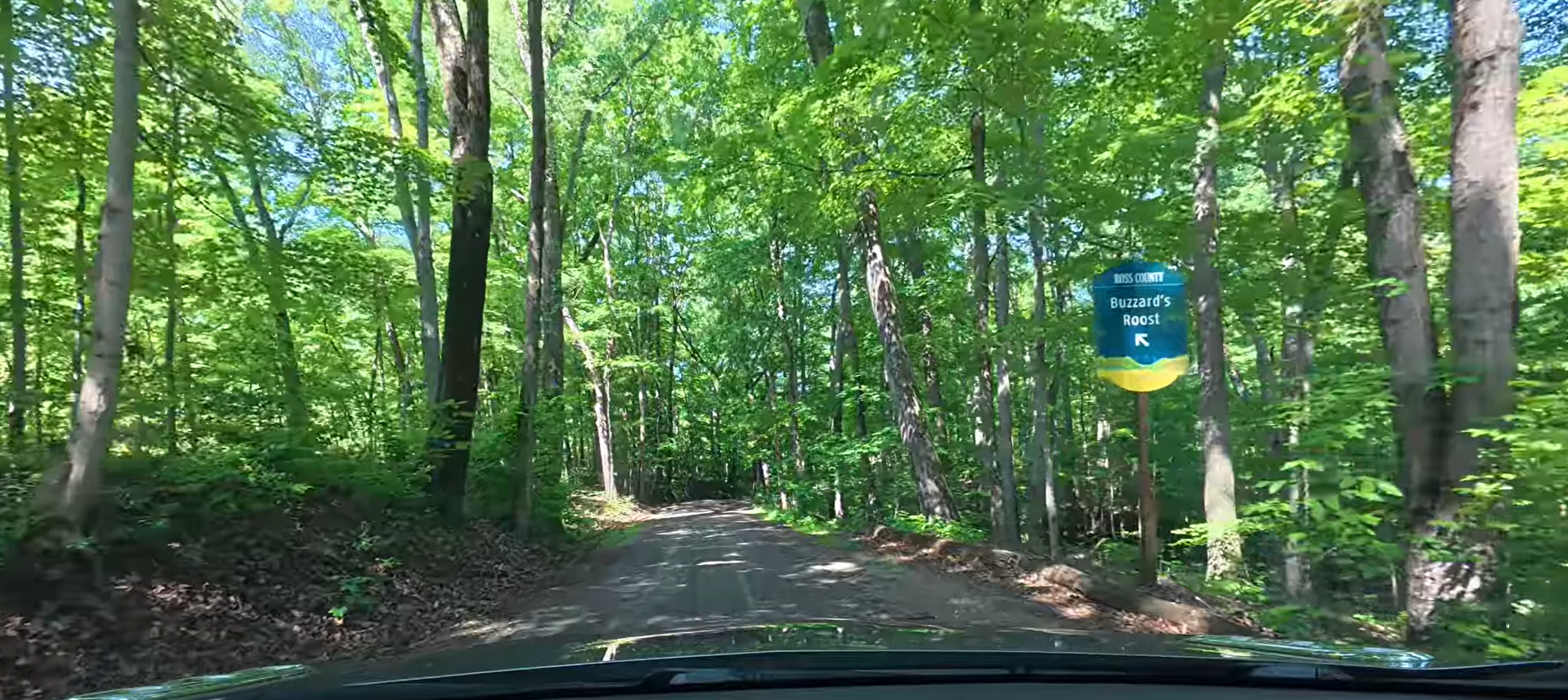 The wooded entrance road and Buzzard’s Roost sign in Chillicothe, Ohio